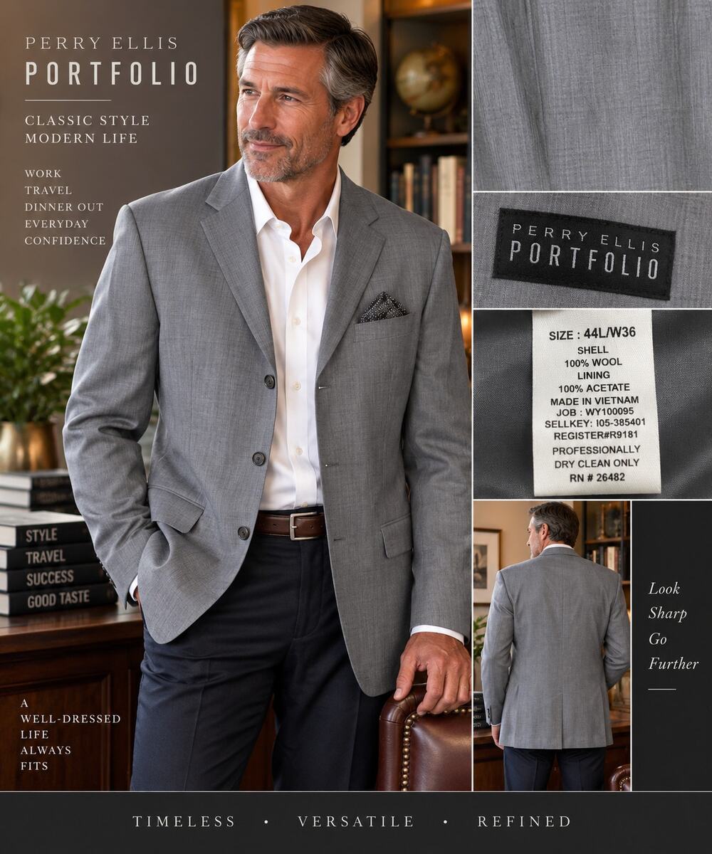 Perry Ellis Portfolio Mens 44L Gray 100% Wool Blazer Sport Coat NWT Wedding